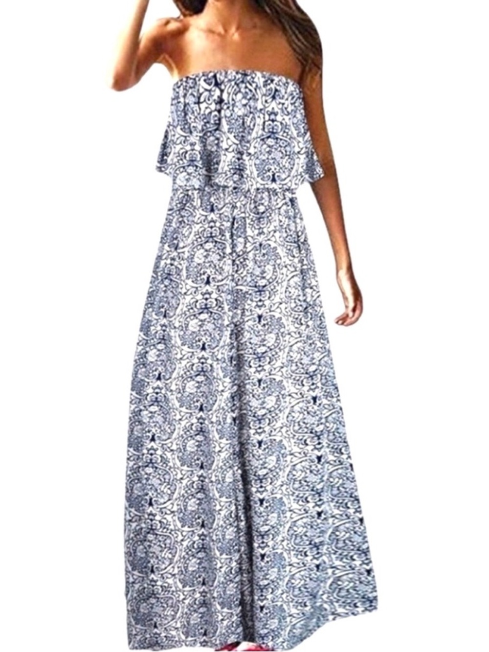 Yidarton Lightweight Off The Shoulder Strapless Cotton Ruffle Maxi Dress